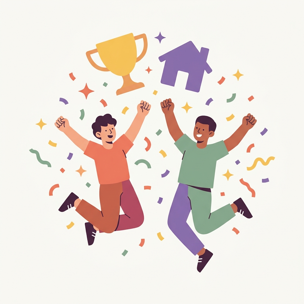 Couple celebrating reaching their shared savings goal