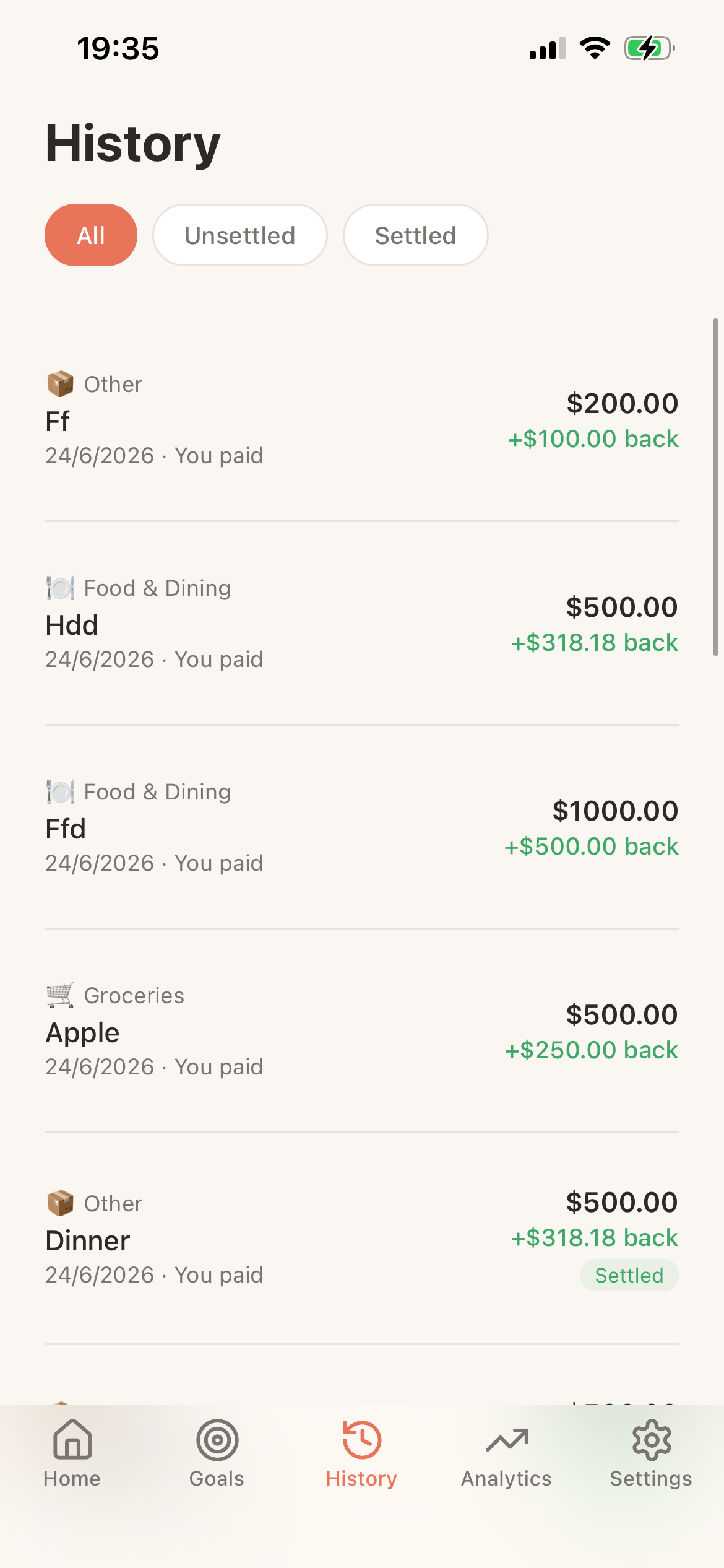 Expense history screen