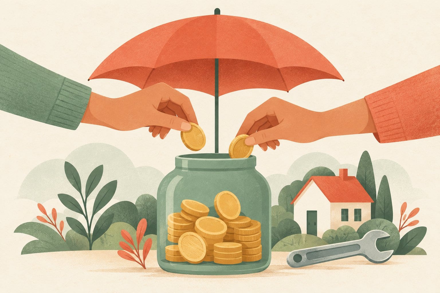 Two illustrated hands add coins to a savings jar beneath an umbrella, beside a small house and wrench.