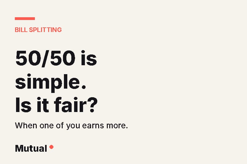 Headline card reading "50/50 is simple. Is it fair?" with the subtitle "When one of you earns more" on a cream background with a coral accent.