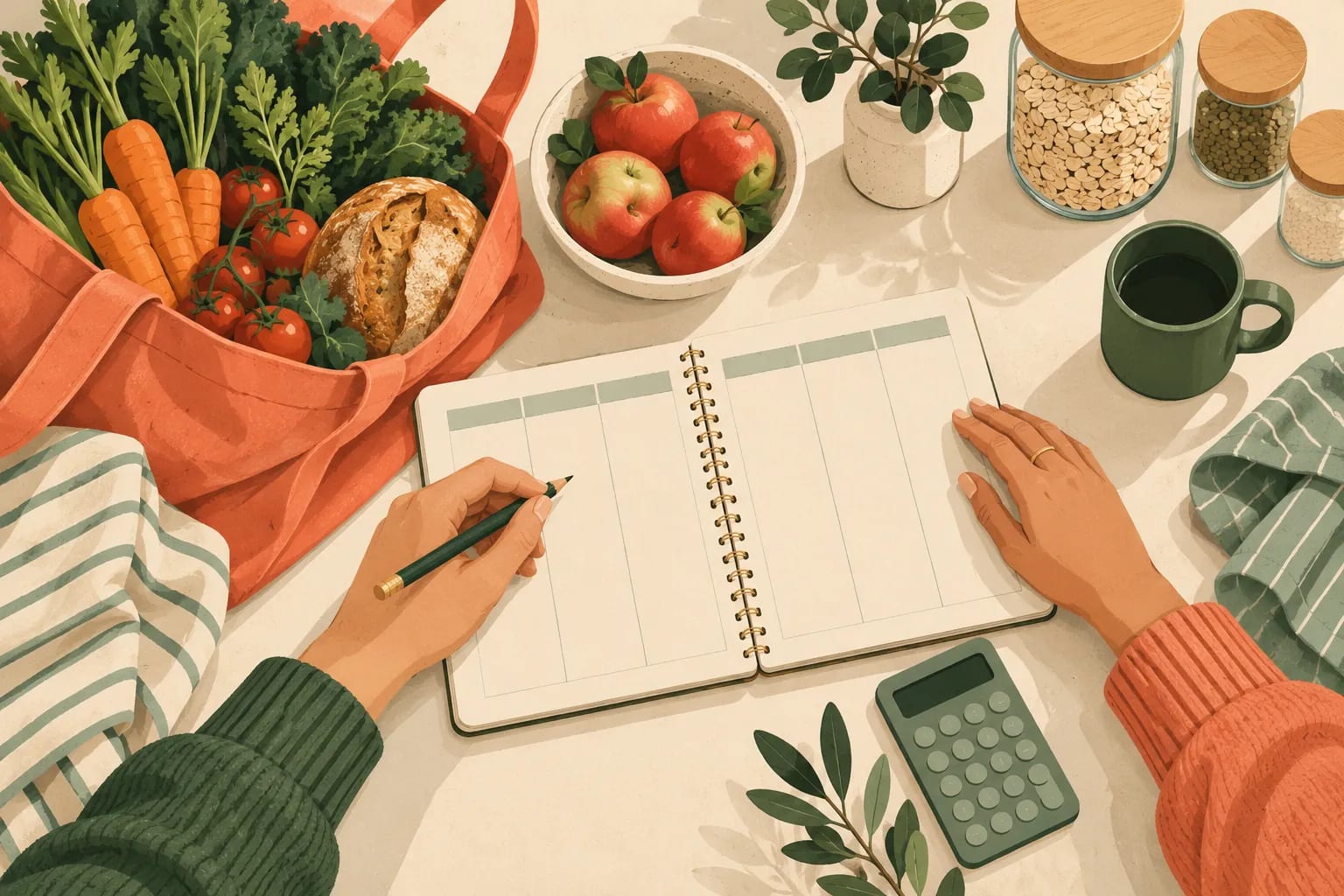 Illustrated hands planning meals beside a grocery bag, apples, pantry jars and a calculator.