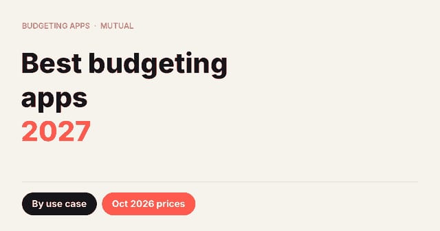 Headline card reading Best budgeting apps 2027, with labels for use cases and October 2026 prices.