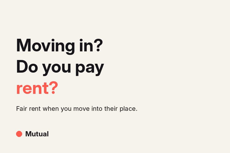 Cream card with the headline "Moving in? Do you pay rent?" in ink and coral, subtitle about fair rent when you move into your partner's place, and the Mutual wordmark.