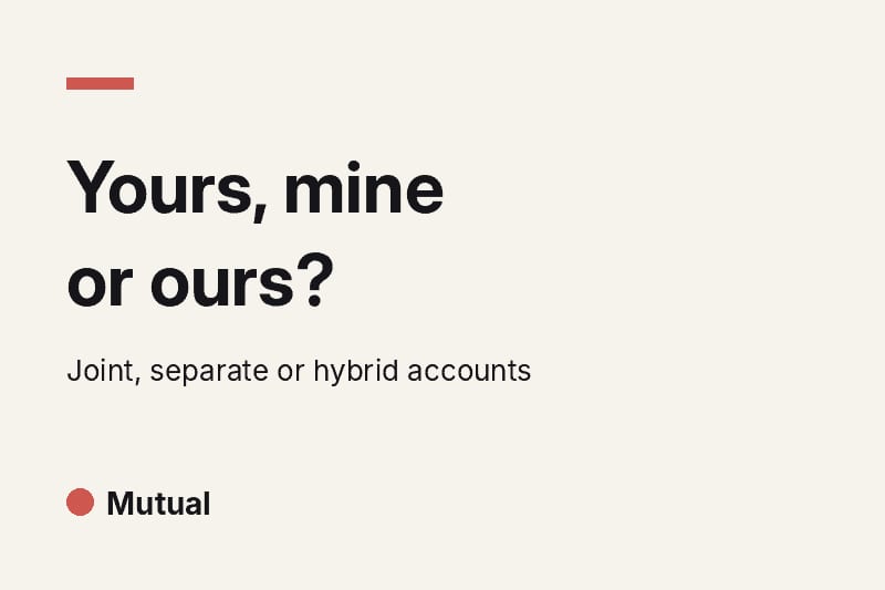 Headline card reading "Yours, mine or ours?" with the subtitle "Joint, separate or hybrid accounts" on a cream background with a coral accent.