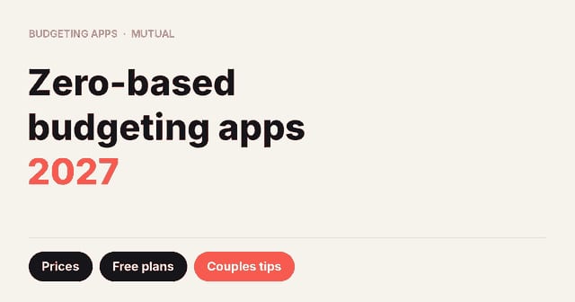 Headline card reading Zero-based budgeting apps 2027, with labels for prices, free plans and couples tips.