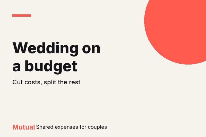 Cream graphic with the bold headline "Wedding on a budget" and a coral circle, with the subtitle "Cut costs, split the rest" and Mutual branding