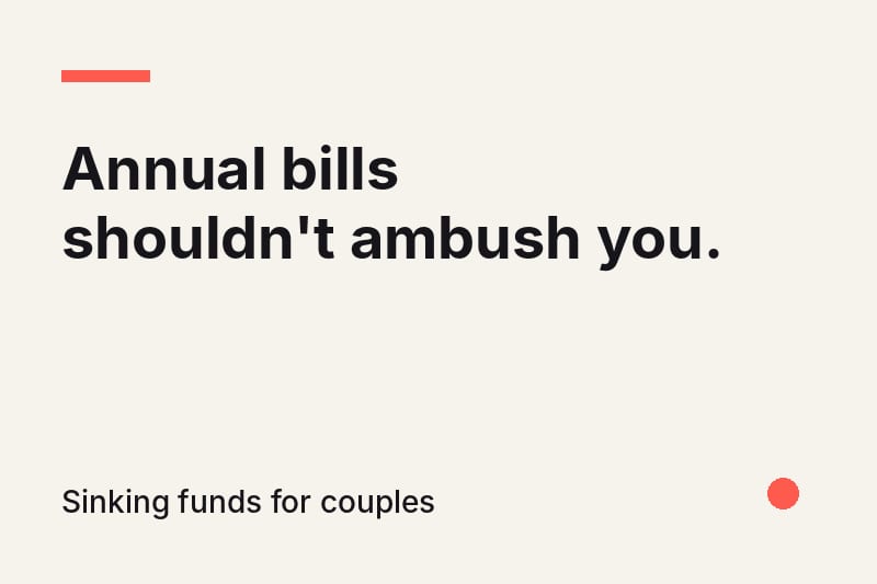 Headline card reading "Annual bills shouldn't ambush you." with the subtitle "Sinking funds for couples" on a cream background with a coral accent.