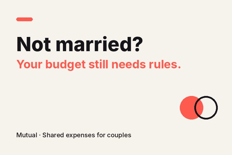 Cream graphic with the headline "Not married? Your budget still needs rules." and a coral and black overlapping circle motif