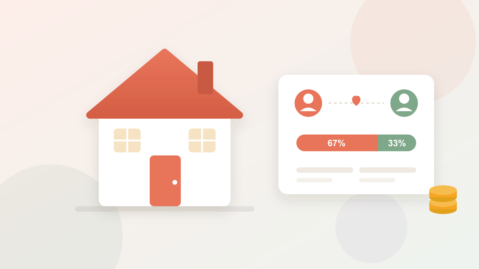 Illustration of a house next to a card showing two partners splitting rent 67% and 33% by income