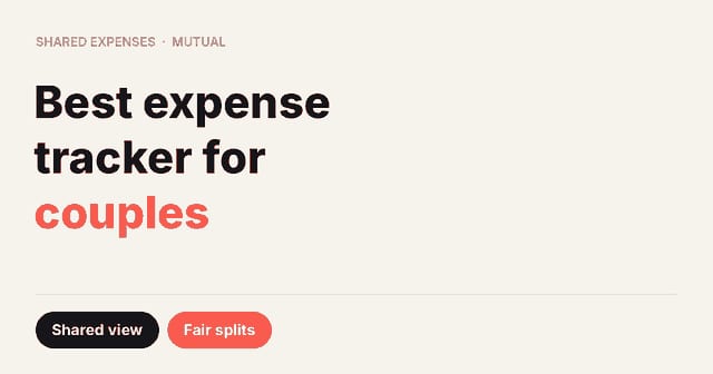 Headline card reading Best expense tracker for couples, with labels for shared view and fair splits.