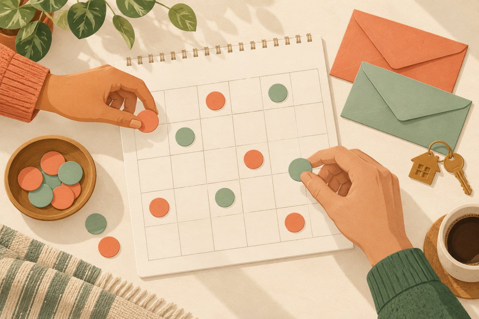 Two illustrated hands place coral and green tokens on a blank calendar beside envelopes and house keys.