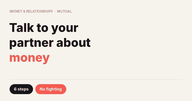 Headline card reading Talk to your partner about money, with labels for six steps and no fighting.