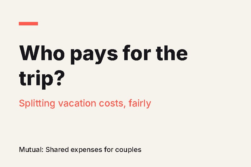 Headline card reading "Who pays for the trip?" with the subtitle "Splitting vacation costs, fairly" on a cream background with a coral accent.