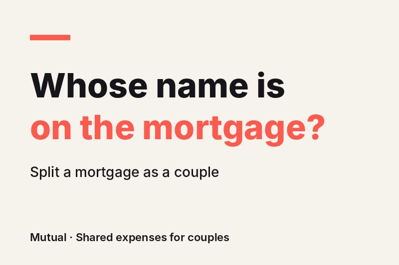 Cream card with the headline "Whose name is on the mortgage?" in dark and coral type and the line "Split a mortgage as a couple".