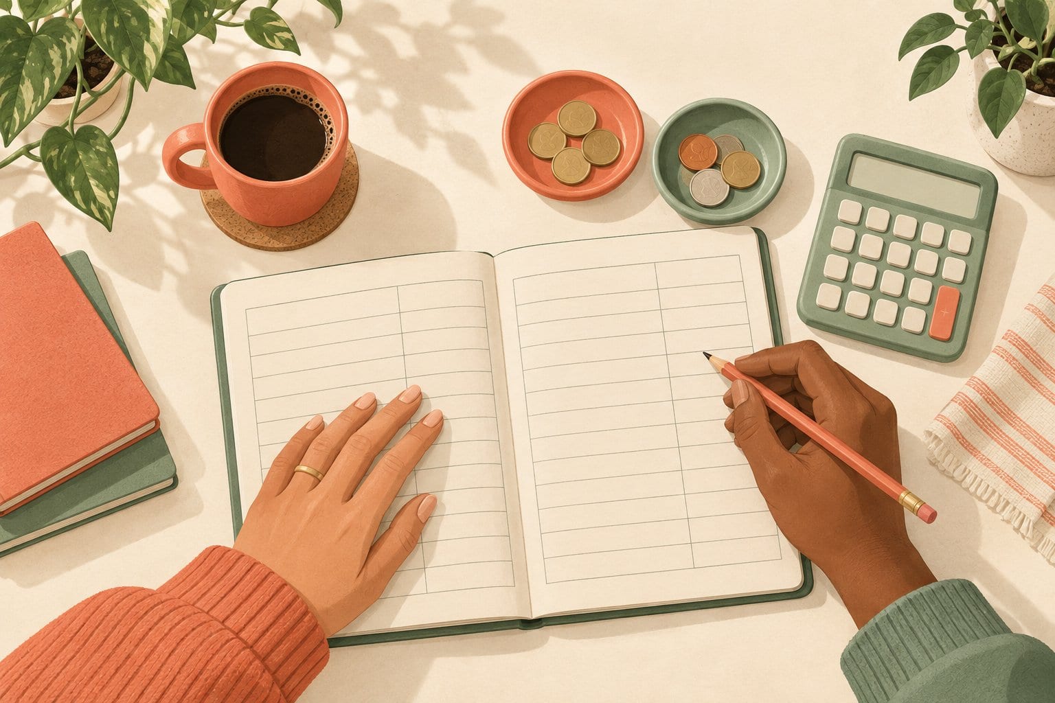 Two illustrated hands work on a blank ledger beside a calculator, pencil and coin trays.