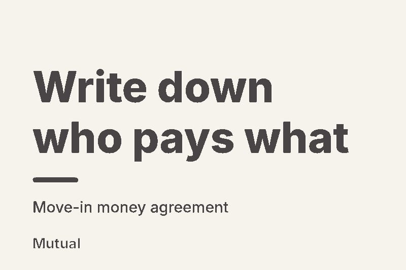 Cream background with bold black text "Write down who pays what" and a coral underline, the Mutual wordmark in the corner.