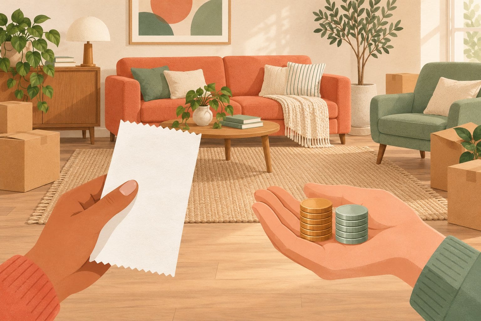 Illustrated hands hold a blank receipt and coin stacks in a living room with a coral sofa, green chair and moving boxes.
